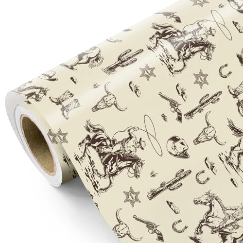 WRAPAHOLIC Western Cowboy Wrapping Paper - Mini Roll - 17 Inch x 16.5 Feet - Classic Western Wrapping Paper for Boys Men Birthday Nashville Party