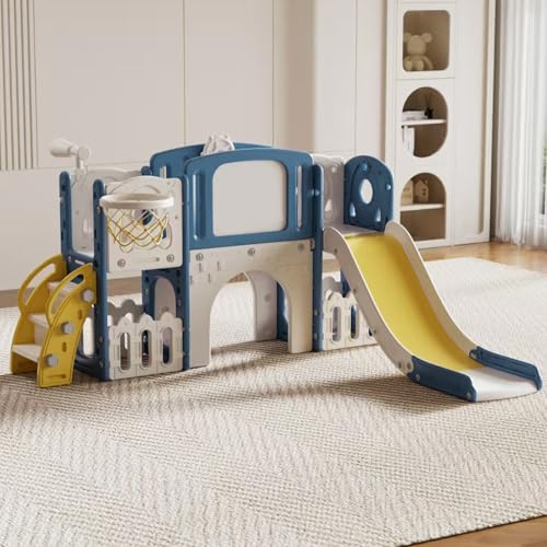 Aveainelle Escorrega infantil exterior/interior e centro de parque para crianças, escorrega infantil de jardim com aro de basquetebol e armazenamento, conjunto de escorrega escaladores para bebés