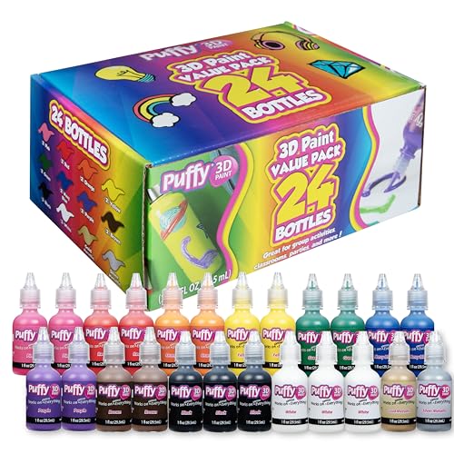 Puffy Paint Fabric Paint Set, 24 1 fl oz Bottles of Orignal Paint, 3 Stencils & 2 Paintbrushes, 3D Puff Paint Permanent Fabric Paint For Clotes, Multisurface, Rainbow Colors