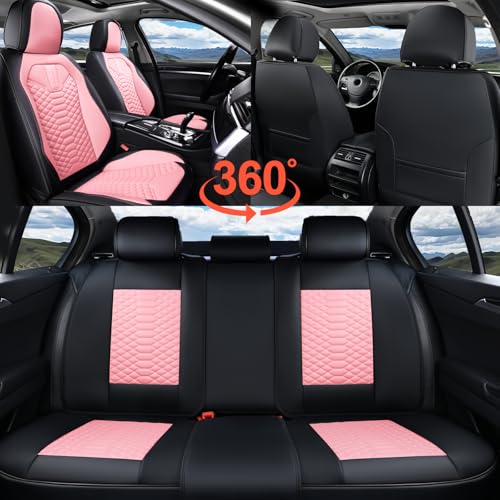 Image of Coverado Seat Covers Full Set, Waterproof Nappa Leather Seat Covers for Cars, 5 Seats Universal Car Seat Protectors, Black and Pink Leather Car Seat Covers Car Seat Cushions Fit for Most Cars