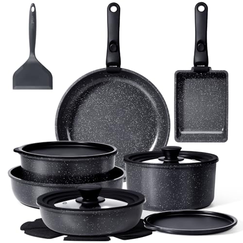Image of GiPP Ceramic Pots and Pans Set Non Stick, Nonstick Detachable Handle Cookware Sets, Healthy Non Toxic PFAS PFOA & PTFE Free, Dishwasher ＆Oven Safe, Induction Kitchen Pot and Pan, 17 Piece Gray