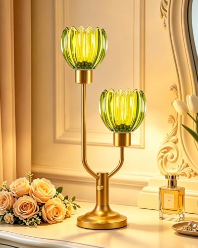 Lightdot Green Glass Flower Table Lamp for Bedroom Dimmable Bulbs Included