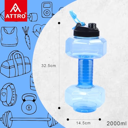 Image of Attro Dumbbell Water Bottle 2 Liter Plastic Bottle with Grip Handle Stylish Bottle for Gym Lover BPA Free, Food Grade, Leakproof- Blue
