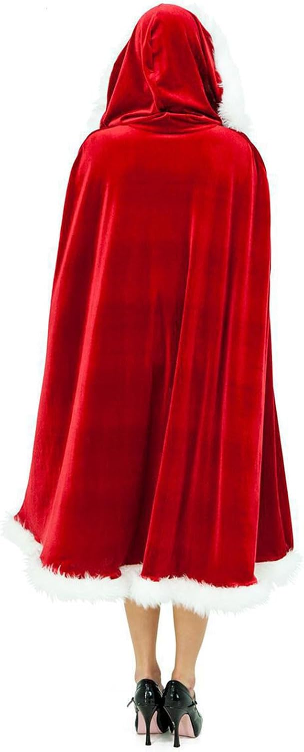Christmas Halloween Costumes Cloak, Mrs. Claus Santa Xmas Velvet Hooded Cape Robe for Masquerade Party