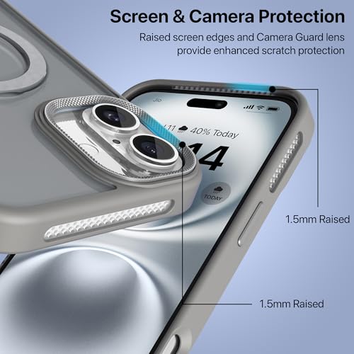 Image of eller sante Maximus Back Cover Case for iPhone 16 Plus with Magnetic Ring Metal Kickstand Camera Screen Protector TPU Shockproof 10ft Drop Protection Compatible with Mag-Safe- Grey