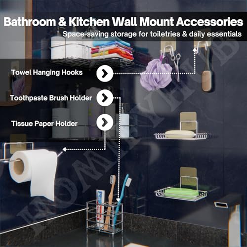 Image of 8 Pcs Bathroom Organiser Without Drill | Self Adhesive Wall Shelf Organizer & Soap Stand for Kitchen Bathroom | Toothbrush & Shampoo Holder L Corner Shelf (Silver)