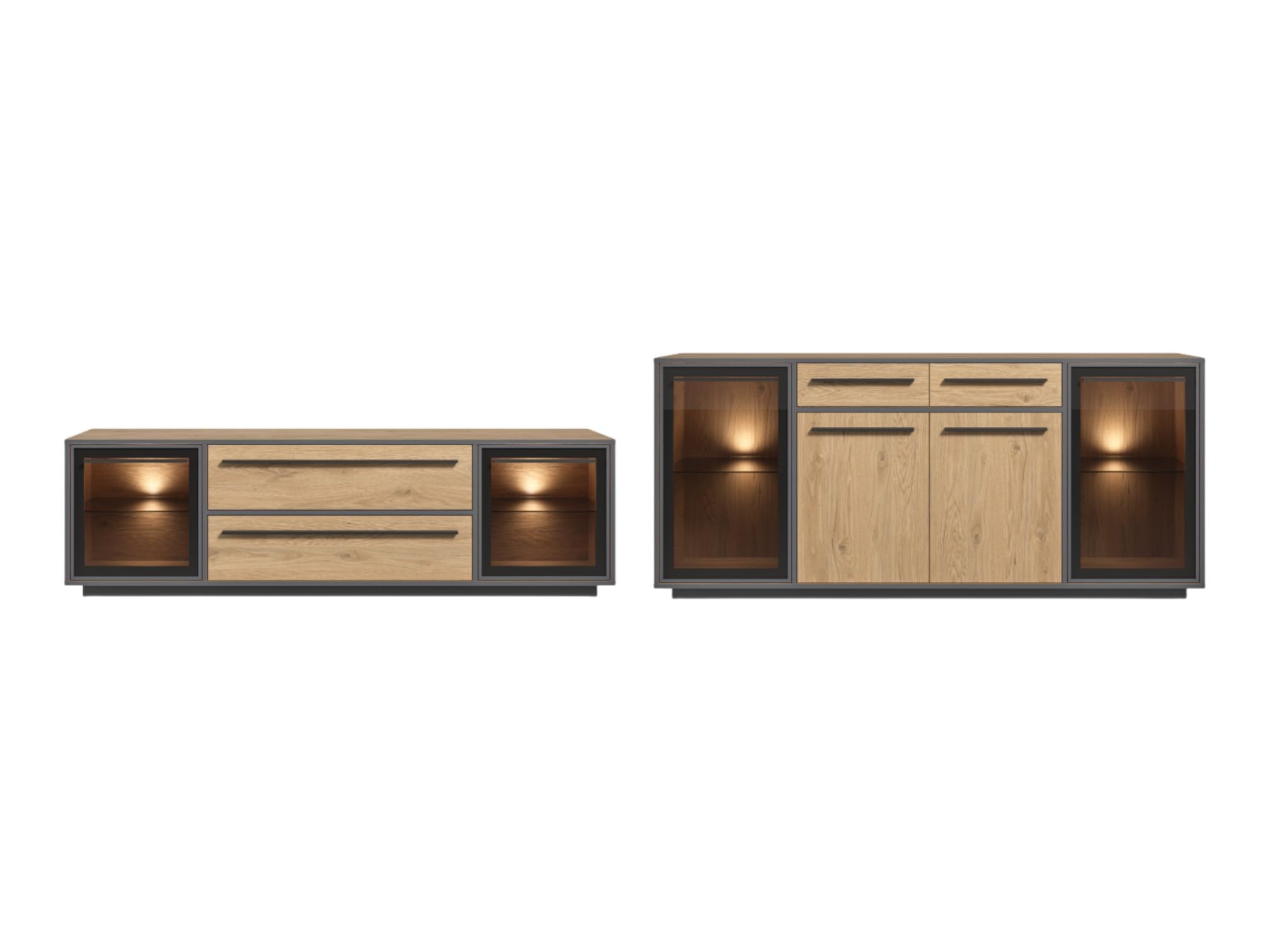 moebel-dich-auf Wohnwand Nardo in Wildeiche Verschiedene Board-Sets, Lowboard, Sideboard, Braunglas, Softclose, inkl. LED-Beleuchtung