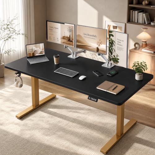 Image of Grandder 55x32 Extra-Deep Electric Standing Desk, Wide Desktop Fits 49 inch Ultrawide Monitor+Dual Screens, 176 lbs Capacity, 2 Memory Presets, Anti Collision, Computer Desk, Black Top&Gold Frame