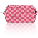 1 pacote de bolsa de maquiagem grande, bolsa de cosméticos xadrez, rosa, lona, organizador de artigos de higiene de viagem, armazenamento de acessórios fofos