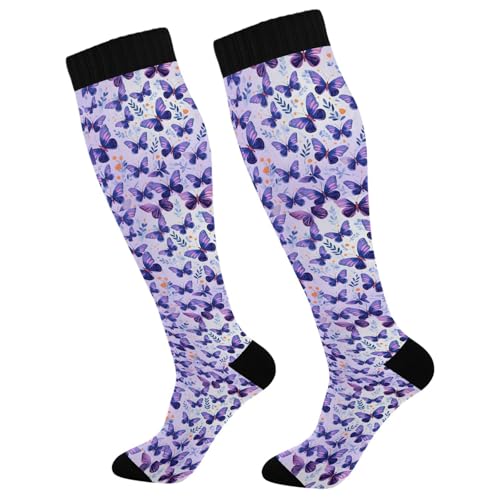 ALAZA Butterfly Leaf Colored Compression Socks for Women Men Circulation Long Socks Running Athletic Cycling 1 pair