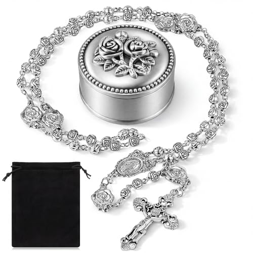 Liliaafar Catholic Handmade Rosary Necklace with 6mm Beads Crucifix Cross Christian in Rose Metal Gift Box Set for Women Men Daily Decor Birthday First Communion Family Baptism Blessing Gift(Silver)