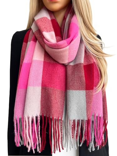 Image of The Accessory Co. Tartan Scarf Checked Blanket Scarf Women, Oversized Scarf Shawl Wrap, Ladies Scarves, Rainbow Plaid Long Large Warm Winter Scarf, Colour Block, Womens Gifts (Fuchsia Pink)
