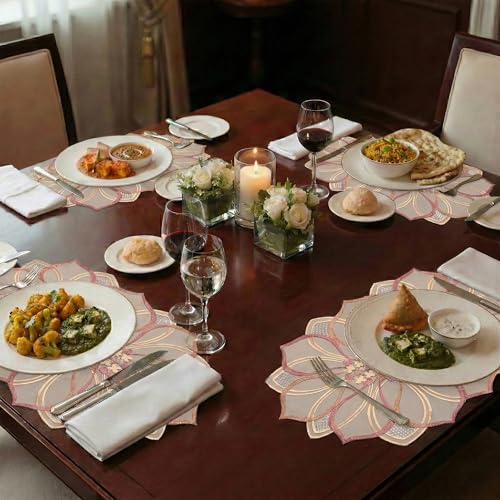 Image of Kuber Industries 4 Pcs PVC Side Table Mats | Washable Placemat /Dining Table Mat for Party, Wedding and Family Functions | Flower Design - Cream