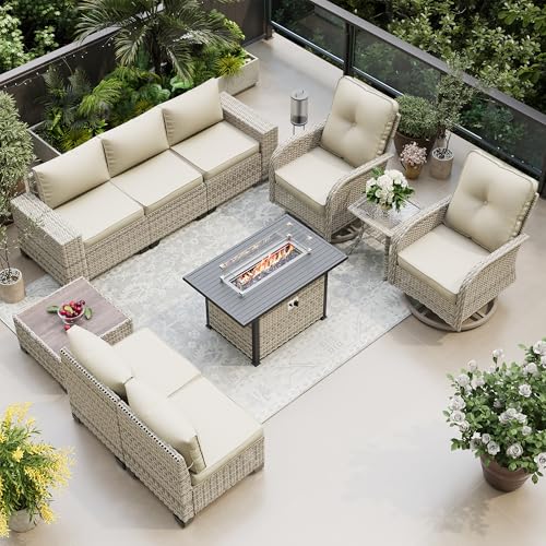 Muphyers 10-Piece Outdoor Patio Furniture Set with Rocking Swivel Chair, PE Wicker Rattan Sectional Sofa Patio Conversation Set with 55,000 BTU Fire Pit Table & Coffee Table, White