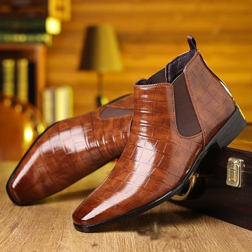 Men's Leather Print Slip On Chelsea Boots Comfortable High Top Pointed Toe Elastic Band Pull On Business Casual Dress Ankle Boots4