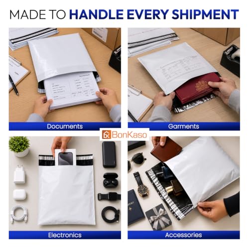 Image of BonKaso Poly Courier Bags 8x10 Inches with POD Sleeve | 55 Micron Tamper Proof & Waterproof Plastic Packaging Envelopes for Shipping, Delivery & E-commerce Use - Pack of 200