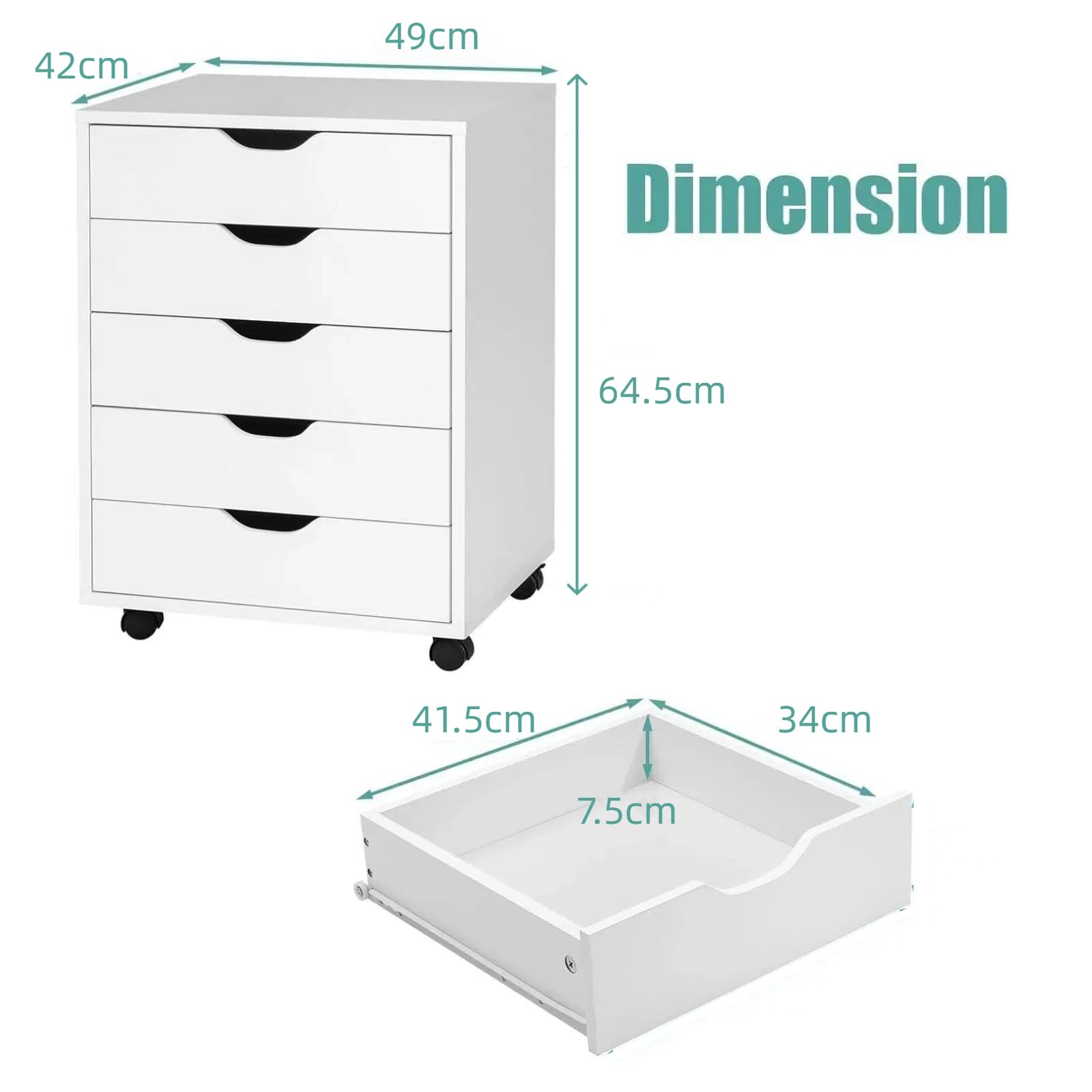 KOMFOTTEU Cajonera Móvil con 5 Cajones, Archiavdor de Almacenamiento con 4 Ruedas Universales, Cómoda Vertical de Madera, para Salón, Dormitorio, Oficina, Estudio, 49 x 42 x 66 cm (Blanco)