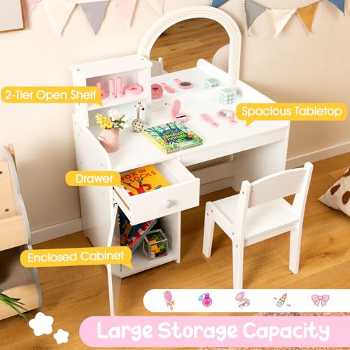 Image of Costzon Kids Vanity with Lights, 2 in 1 Princess Makeup Desk & Chair Set with Lighted Mirror, Drawer, Storage Shelves & Cabinet, Toddler Dressing Table, Vanity Set for Little Girls, White