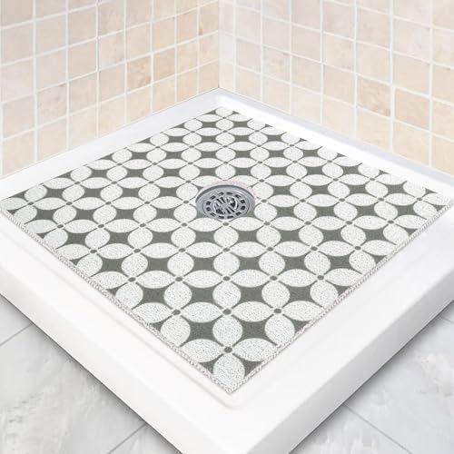 Image of Square Shower Mat Non Slip: 36 x 36 Inch Extra Large Shower Mats with Drain Hole in Middle - PVC Loofah Anti Slip Shower Floor Matt for Inside Shower