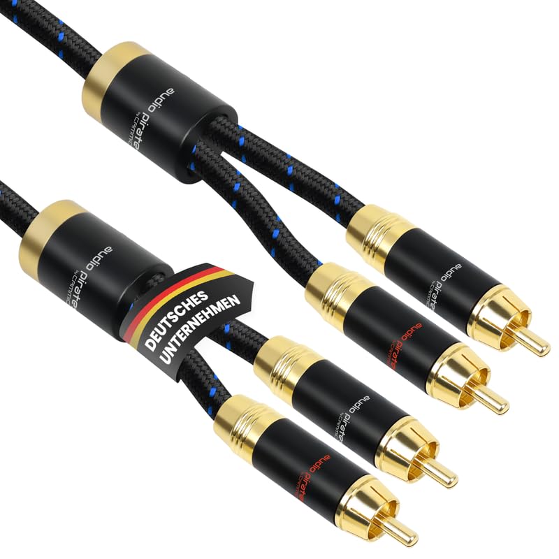 audio pirates by cammica Câble audio stéréo RCA 2 x 2 classe moyenne | 10 m | Câble audio stéréo RCA avec répartiteur | Cuivre OFC | OD : 6,5 mm | Gaine en nylon | Contacts or 24 carats | Hifi, Home