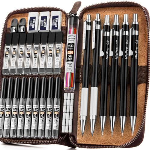 Crayons mécaniques Nicpro avec étui en cuir et 18 recharges de mines du 0.3 au 2mm