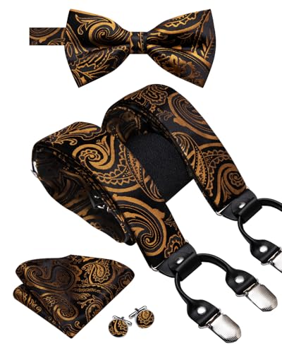 Image of Dubulle Suspender and Bow Tie for Men Paisley Solid Mens Suit Braces Pretied Bowtie and Handkerchief Cufflinks Formal Wedding
