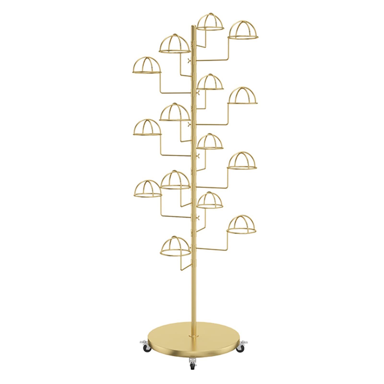 YNBSHGAA Hat Organizer Rack with Wheels, Multi-Layer Display Stand for Cowboy Hats and Wigs, Commercial Hat Tree Shelf,Gold-Place 15 hats