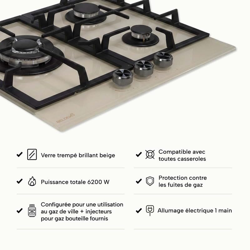 BELDEKO Plaque Gaz 3 Feux 6200W Beige - Marque Française