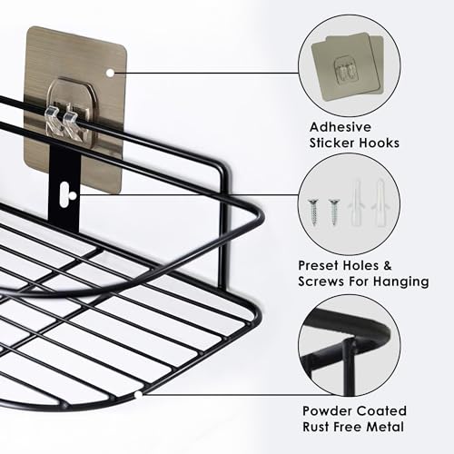 Image of Bathroom Shelf Organizer with Magic Stickers | Self-Adhesive | L-Shape Corner Shower Caddy -Sleek Black Powder Coated- Ideal for Kitchen Essentials and Bathroom Accessories | Pack of 2