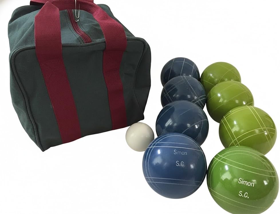 BuyBocceBalls Listing - Made in USA, Premium Quality Engraved Tournament Bocce Set, 998 Grams (2 lbs. 3.2 oz.). Various Bag Colors - 110mm Lime Green and Blue Balls, Nylon Bag
