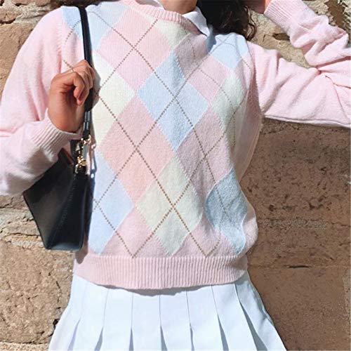 Women Casual Long Sleeve Knitted Sweaters Streetwear Oversized Chunky Pullover Argyle Plaid Knit Jumper Tops4