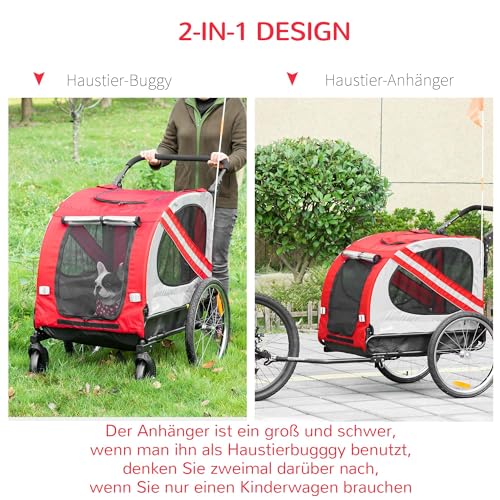 PawHut 2-in-1 Hundeanhänger & Hundebuggy, Hundefahrradanhänger Fahrradanhänger, Hundewagen mit Reflektoren für Mittelgroße Hunde bis 20 kg, Oxford-Gewebe, Rot