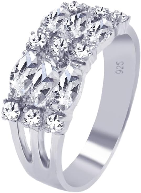 Sterling Silver 925 Rhodium Plated Round Marquise 3 Row Ring Sizes 5-9