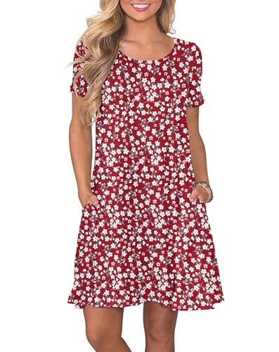 AUSELILY Damen Kleider Sommer Kurzarm Shirtkleider Kurz Sommerkleider Leicht Freizeitkleid mit Taschen Blumenrot M