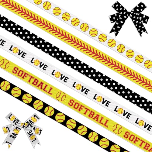 Estivaux 6 PCS Sports Softball Ribbons for Crafting 3/8 Width Grosgrain Ribbon Sports Roll Ball Ribbon Softball Baseball Craft Ribbons for Sports Party Decor Sewing DIY Crafts Supplies