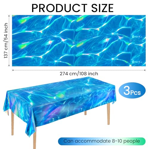 Image of 3 Pcs Iridescent Ocean Waves Tablecloths, 54 x 108 Inch Disposable Plastic Ocean Table Cloth, Water Print Tablecloths Ocean Table Cover for Beach Pool Sea Theme Party Decorations