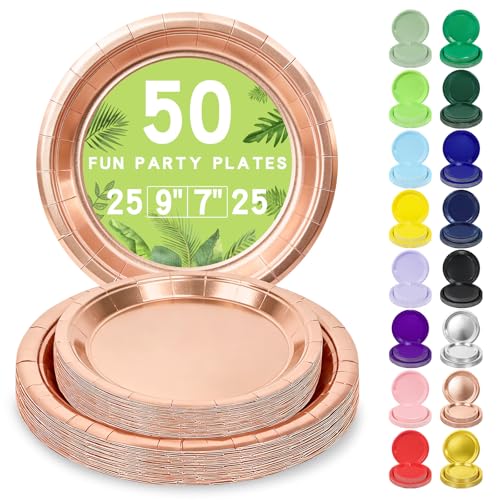 LANLISA 50 Rose Gold Paper Plates Disposable Set Includes 25-9 & 25-7 Disposable Birthday Cake Dessert Paper Plates For Party Supplies