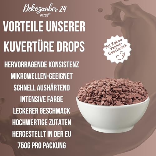 Dekozauber24 Kuvertüre Drops, braun, 750g, mit Vollmilchschokolade Geschmack, Deco Melts Chips mikrowellengeeignet, für Cake Pops, Torten, Kuchen, Drip oder Glasur