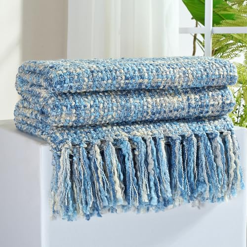 GINAMUSE Multi-Color Light Blue Cable Woven Throw Blanket for Couch,50"X60" Boho Style Textured Blankets for Home Decor,Super Soft Warm Cozy Chunky Blanket with Decorative Tassels for Bed