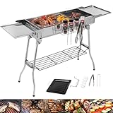 Edelstahl Holzkohlegrill, Grillwagen, Grill BBQ Holzkohlegrills, Klappgrill(122x30x75cm), Campinggrill, Standgrilll, Tragbar Kohlegrill mit Komplettes Zubehör, leicht zu bewegen