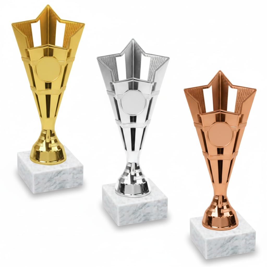 Tris Coppe Fantacalcio | Set 3 Trofei Stella Personalizzati con Targhetta in Alluminio Stampata – Oro, Argento, Bronzo – Premi Prima, Seconda e Terza Classifica Fantalega