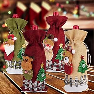 Christmas Wine Bottle Cover 4 Pack, Ideashop Christmas Wine Gift Bags Burlap Wine Bags with Drawstring, Wine Bottle Bags…