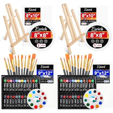 ESRICH 82 PCS Acrylic Paint Canvas Set Acrylic Paint Set 48Color Acrylic Painting Kit, Painting Supplies Kit with Wood Easel,Brush,Canvases,Watercolor Paper, Acrylic Paint Kit for Kids Adults Artists Cover