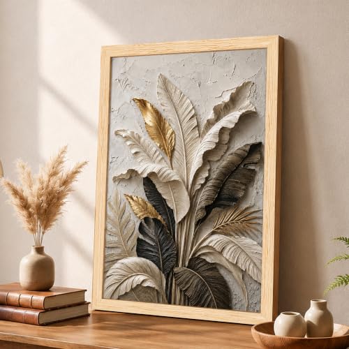 Image of PAINTINGMANTRA Textured Embossed Leaf Floral Framed Wall Art Painting for wall decoration, Neutral & Gold Tropical Leaf Motifs Flower Painting for Living room, bedroom, Office, 13x18 Inch
