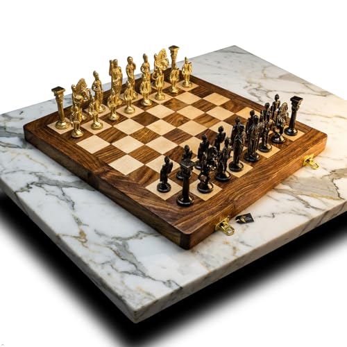 Image of Kid Antique Folding Wooden Chess Board with Brass Chess Roman Figures Set, 2 Players - Best for Gifting, Home Decor and Playing (Bleck & Yellow) Size 16 inchx16 inch Inch.