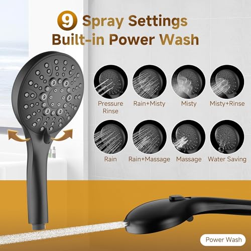 Image of BRIGHT SHOWERS Rain Shower System Combo - 9 Inch Rainfall & Handheld Shower Heads with Power Wash, Solid Brass Rail, Height Adjustable Holder, 60 Inch Long Stainless Steel Hose, Matte Black