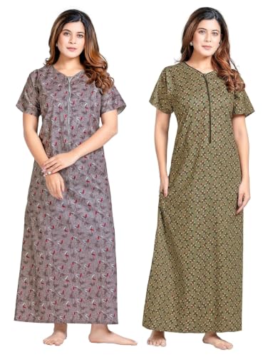 Image of PNAEONG Women's Cotton Printed Nighty Night Gown Maxi Free Size (Pack of 2)
