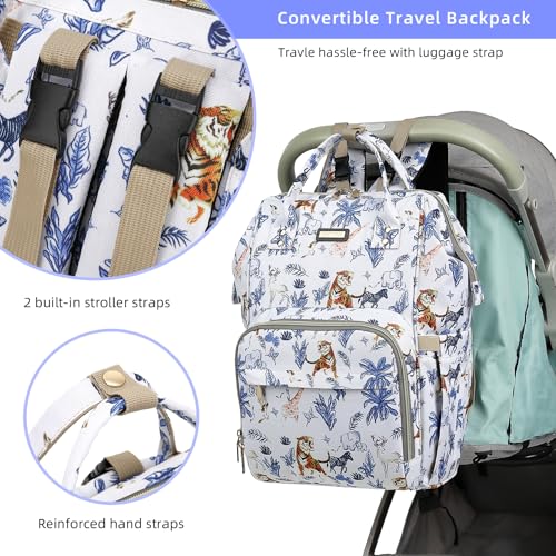 Image of Diaper Bag Backpack, Diaper Bags for Baby Girls Boys, Baby Bags for Moms Dads, Nappy Changing Bag with Insulated Pockets,Multi-functional Waterproof Backpack with Stroller straps-Animal World White