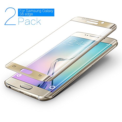 Galaxy S6 Edge Screen Protector Glass, (2-Pack) JACNITAD Galaxy S6 Edge Tempered Glass Screen Protector Full Coverage Protection High Definition 3D Curved Film for Samsung Galaxy S6 Edge (Gold)