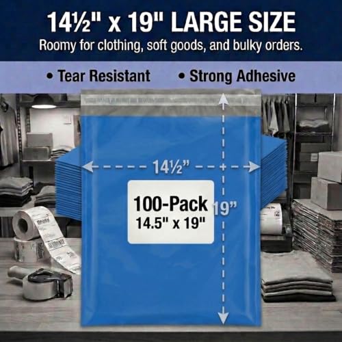 Image of BOX USA Shipping Bags 14 x 19 (100-Pack) Blue - Large Heavy Duty Self-Adhesive Envelope Poly Mailers for Packing
